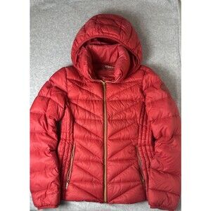 Michael Kors Women's Red Down Full Zip Packable Hooded Puffer Jacket Hood Sz S